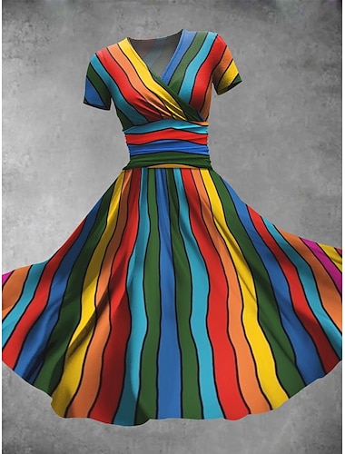  Damen Midikleid A Linie Kleid Sommerkleid Figurbetontes Kleid Party Lässig Täglich Ferien Normale Passform Grafik Geometrisch Farbblock Kurzarm V Ausschnitt Gelb Purpur Grün Sommer