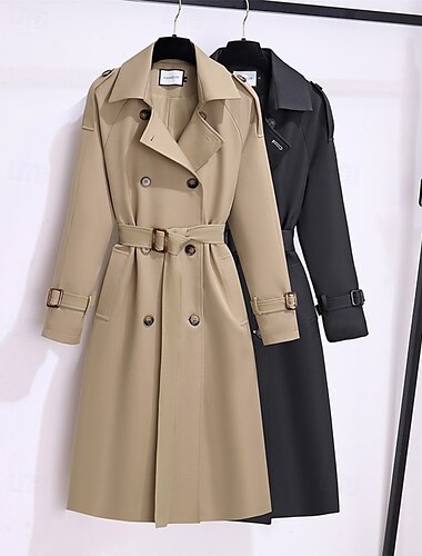  女性用 トレンチコート 快適 ボタン ポケット ファッション 近代の 平織り お出かけ 週末 ダブルブレスト ロング 折襟 レギュラー 長袖 アウターウェア ブラック カーキ色 秋 冬