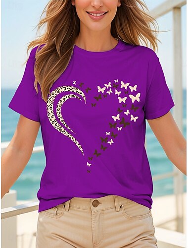  Mujer Camiseta Corazón Graphic Mariposa Vintage Elegante Clásico Manga Corta Cuello Barco Tops regulares Diario Fin de semana Estampado Negro Blanco Amarillo Rojo Azul Piscina Verano Primavera