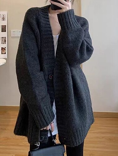  Per donna Felpa Cardigan Moda Tinta unica A Coste Scollo a V Bottoni Lavorato a maglia Manica Lunga Top Regolari Maglia Quotidiano Ferie Uscire Nero Grigio scuro Autunno