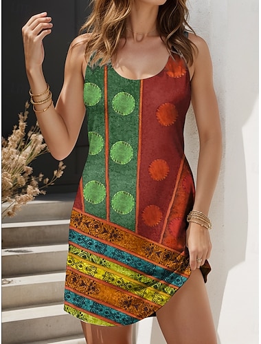  Damen Minikleid Sommerkleid A Linie Kleid Urlaub Lässig Boho Hochzeit Outdoor Heim Normale Passform Blumen Grafik Geometrisch Ärmellos U-Ausschnitt Rote Sommer Frühling