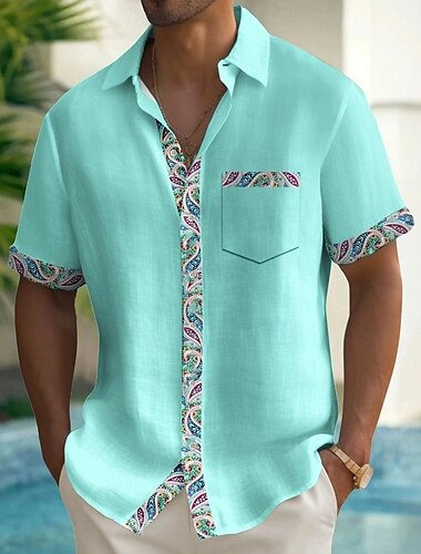  Herren Paisley-Muster Ethnisch Hemd Sommerhemd Knopfhemd Kurzarm Modisch lässig Outdoor Urlaub Alltagskleidung Sommer Frühling Umlegekragen 3D-Druck Hemden mit Kragen Eine Tasche vorne Blau