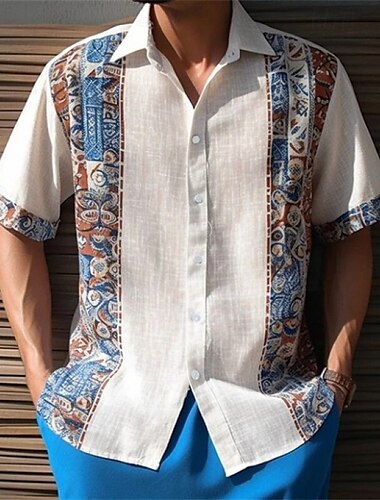  Herren Hemd Sommerhemd Freizeithemd Strandhemd Knopfhemd Weiß Königliches Blau Blau Dunkelblau Kurzarm Druck Revers Urlaub Hawaiianisch Druck Bekleidung Polyester Ethnisch Lässig Bequem