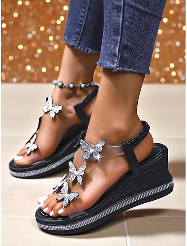  Damen-Schmetterlings-Keilsandalen mit Strasssteinen – glitzernde Plateau-Partyschuhe für das Nachtleben und Club-Events