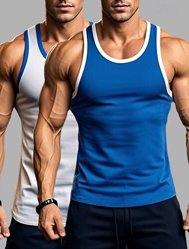  2 Stück Herren Tanktop Weste Unterhemd Ärmellos Shirt Ärmellos Rundhals Sommer Einfarbig Einfarbig Athletisch Farbblock 2er Pack Street Casual Sport Blau Blau Armee Grün Grau Top Tee