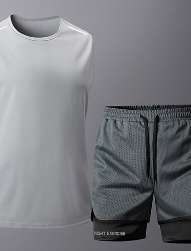  בגדי ריקוד גברים activewear הגדר סט ספורט בגדי ספורט ומנוחה ללא שרוולים רך ייבוש מהיר חדר כושר להתאמן ספורטיבי בגדי ספורט לבוש אקטיבי אחיד לבן ירוק צבא אפור
