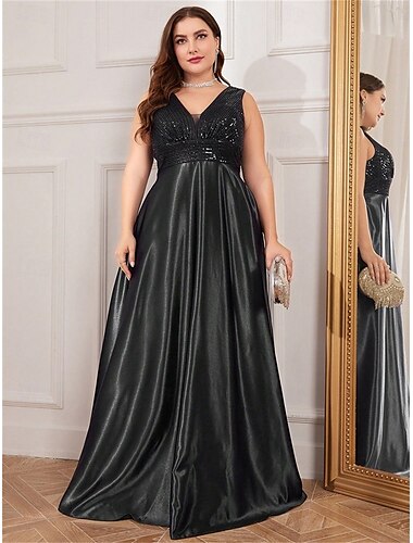  A-Linje Plus Size Klänningar Elegant Kurva Klänning Formell Bröllop Golvlängd Ärmlös V-Hals Satin V-Rygg med Rynkor 2025