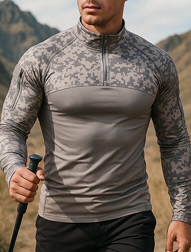  Bărbați Hanorac polo Top de drumeție Manșon Lung Guler de stand Topuri În aer liber Respirabil Uscare rapidă Ușor Elastic Sfert de fermoar Pullover Poliester Culoare Camuflaj Negru Verde Militar Gri