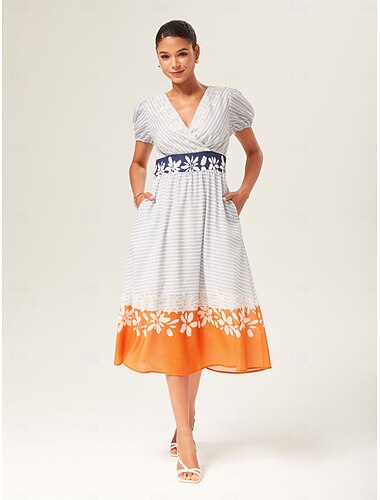  Damskie Kobieta Codzienne sukienki Sukienka midi Pomarańczowy Krótki rękaw Lato Wiosna W serek Urlop XS S M