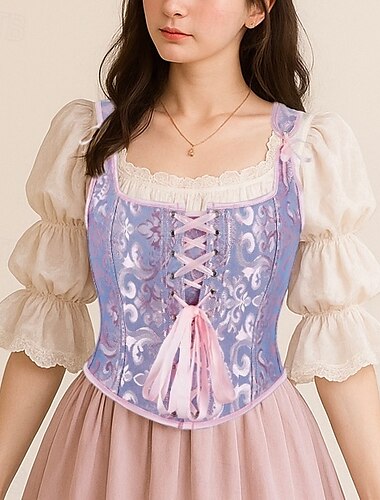  Rétro Vintage Médiéval Renaissance Corset Veste Bustier Ren Faire À lacets Fleuri Jacquard Femmes Celtique Fantaisie Royal Noël Halloween Carnaval Soirée Décontracté Quotidien LARP Adulte Corset