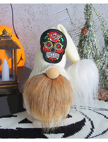  Bambola di peluche a forma di gnomo con teschio e barba finta per il giorno dei morti, peluche senza volto per la decorazione di feste, accessorio per l'atmosfera spettrale del festival
