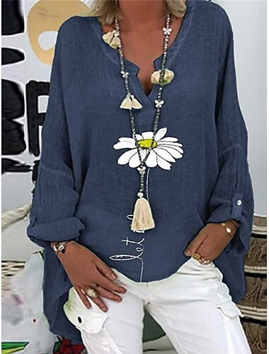  Damen Baumwoll-Leinen-Hemden Gänseblümchen Basic Lässig Langarm Hemdkragen Normale Oberteile Täglich Druck Rosa Marineblau Purpur Grün Sommer Herbst