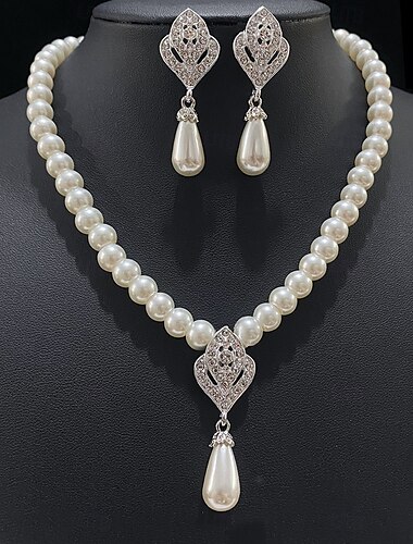  Brautschmuck-Sets 1 Set Kunstperle Strass Ohrringe Halskette Damen stilvolles trendiges süßes Schmuckset für Hochzeit besondere Anlässe Party Abendgarderobe