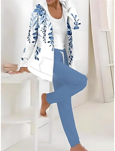  Femmes Actif Quotidien Sweat à capuche Survêtement Ensembles de Pantalons manche longue À capuche Fleuri Graphique Cordon de serrage Imprimé Extérieur Occasionnel Noir Bleu Marine Marron clair