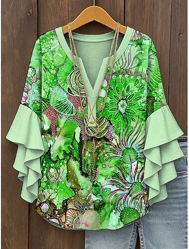  女性用 ブラウス オンブル’ グラフィック 抽象的 ボヘミア ヴィンテージ 日常 七分袖 Ｖネック レギュラートップス 日常 祝日 バケーションウェア プリント ピンク ブルー パープル オレンジ グリーン 夏 春 秋