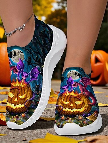  Damen-Slip-On-Schuhe mit Kürbis-Halloweenmotiv – blaue Flyknit-Sneaker mit Kürbislaternen-Design für gruselige Nächte, Spukveranstaltungen und herbstliche Mottoausflüge Sarah Richter