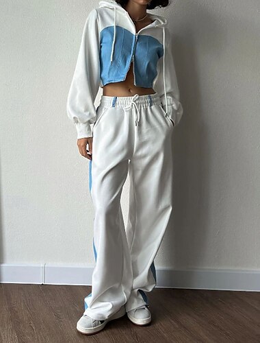  Mulheres Moletom Calças Esportivas Renda Roupa Esportiva Outono Manga Longa Térmico / Quente A Prova de Vento Academia Corrida Roupa Esportiva Roupa de esporte Roupas Esportivas Bloco de cor Branco