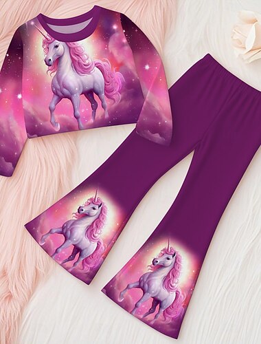 Da ragazza 3D Unicorno Set Set felpa e pantaloni a zampa d'elefante Manica lunga Stampa 3D Autunno Inverno Attivo Di tendenza Giornaliero Poliestere Bambino 3-12 anni Girocollo Esterno Appuntamento