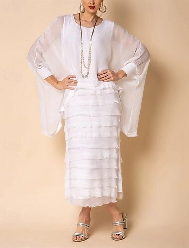  Per donna Abito Lungo Maxi Abito Vestito Casual Abito con nappe Moda All'aperto Feste Ferie Vestibilità regolare Semplice Manica 3/4 Girocollo Bianco Blu scuro Primavera Autunno