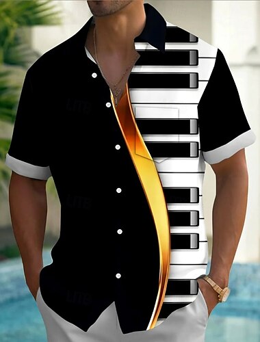 Herre Piano Musikkinstrument Skjorte Sommerskjorte Skjorte med knapper Kortermet Fashion Casual utendørs Feriereise Hverdag Sommer Vår Aftæpning 3D-utskrift krage skjorter Front One Lomme Svart Hvit
