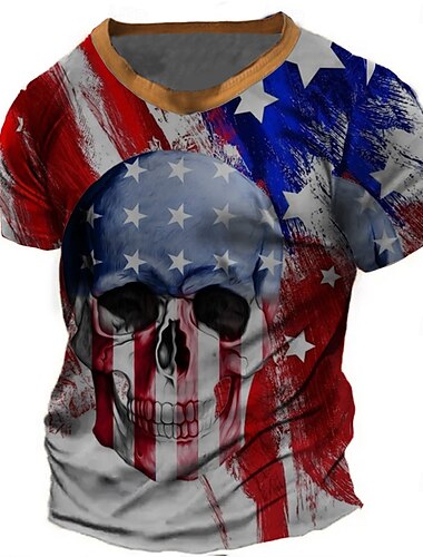  Amerikanischer Unabhängigkeitstag Herren Schädel Amerikanische US-Flagge T Shirt Kurzarm T-Shirt 3D-Druck Rundhalsausschnitt Rundhals Hemd Mode Täglich Basic Straße Lässig Täglich Blau Khaki Grau