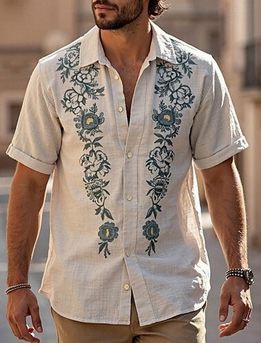  Men's Shirt Summer Shirt Casual Shirt Beach Shirt Button Up Shirt Light Khaki khaki Beige Short Sleeve Floral Lapel Vacation Hawaiian Print Clothing Apparel Polyester Fashion Casual Comfortable