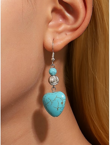  Pendientes bohemios con forma de corazón de turquesa para mujer: detalles en plata vintage, diseño de piedra natural para mujeres de espíritu libre, ideales para festivales de música, salidas informales y regalos.