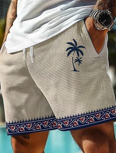  Herren Kokospalme Ethnisch Tropische Pflanzen Waffel-Shorts Sweat-Shorts Freizeitshorts Mittlere Taille Hawaiianisch Urlaub Joggen Trainieren Elastischer Kordelzug in der Taille Shorts mit Taschen