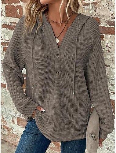  Damen Bluse Einfarbig Stilvoll Lässig Langarm Mit Kapuze Normale Oberteile Täglich Knöpfe Schwarz Armeegrün Marineblau Blau Braun Frühling Herbst Winter
