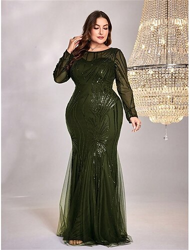  Havfrue  Trumpet Plus Size Klänningar Elegant Curve Klänning Formell Bröllop Golvlängd Långärmad Rundhals Polyester med Paljetter 2025