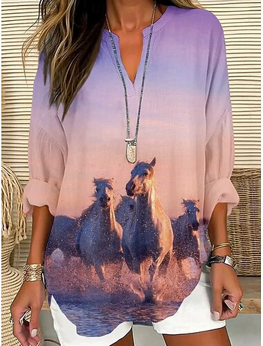  Damen Bluse Grafik Tiermotiv Bohemien Vintage Tropisch Langarm V Ausschnitt Normale Oberteile Täglich Ferien Strandbekleidung Druck Schwarz Weiß Rosa Blau Orange Sommer Frühling