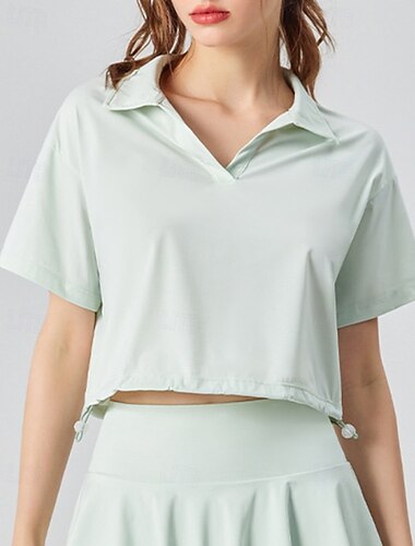  Damen Laufshirt Kordelzug Leicht Kurzarm Oberteil Athleisure UPF 50 Sonnenschutz Schnelltrocknend Docht Feuchtigkeit Yoga Pilates Laufen Sportbekleidung Sportkleidung Einfarbig Hellgelb Schwarz Weiß