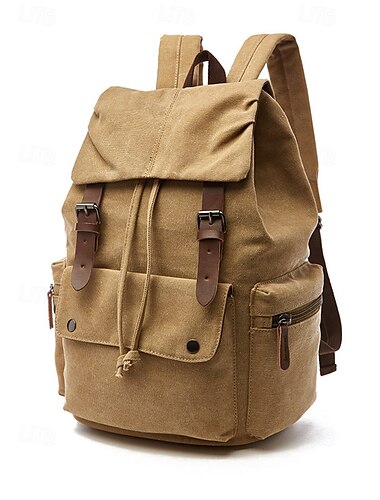  Herren-Rucksack aus Vintage-Canvas mit Lederriemen, Reiserucksack mit mehreren Taschen für Schule, Arbeit, Wandern und Outdoor