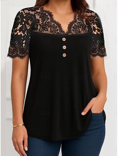  Per donna Camicia di Pizzo Tinta unica Elegante Casual Manica Corta Scollo a V Top Regolari Quotidiano Pizzo Patchwork Bottoni Nero Vino Viola Estate Primavera