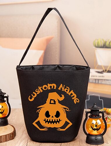  Personlig navn Halloween-godbitpose for barn knask eller knep, tilpasset godteripose, kurv, gavepose, gjenbrukbar gresskarspøkelsesfestgave for småbarn