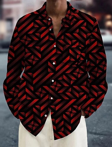  Herren Geometrisch Farbverlauf Linie Hemd Knopfhemd Langarm Modisch lässig Urlaub Täglich Streetwear Frühling Herbst Umlegekragen 3D-Druck Hemden mit Kragen Eine Tasche vorne Rote
