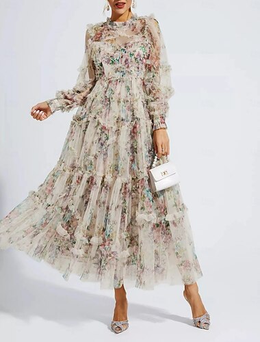  Robe de mariée trapèze pour invités, cocktail de mariage sur la plage, soirée de jardin, longueur cheville, demi-manches, col bijou, robe de mère de la mariée champagne, tulle avec broderie, robe