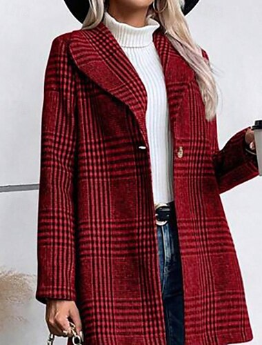  Damen Mantel Warm Bequem Knöpfe Lässig Karomuster Outdoor Ferien Einreihig Regulär Umlegekragen Normale Passform Langarm Oberbekleidung Rote Kamel Grau Herbst Winter
