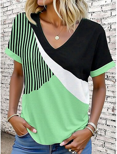  Women's T Shirt Graphic Geometric Vintage Stylish Modern Short Sleeve V Neck Regular Tops Daily Print Pink Blue Purple Green Khaki Summer