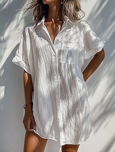  Damen Hemd Bluse Einfach Modern Lässig Kurzarm Hemdkragen Normale Oberteile Täglich Ausgehen Knöpfe Tasche Weiß Aprikose Leicht Blau Sommer