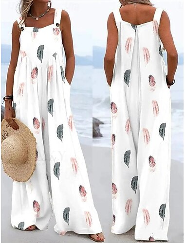  Mujer Conjuntos inspirados en el lino Activo Floral Sin Mangas Perneras anchas Vacaciones Hogar Holgado Negro Blanco Amarillo Verano