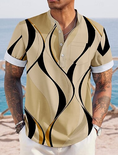  Herren Geometrisch Wellen Hemd Henley Hemd Stehkragenhemd Kurzarm Lässig Urlaub Täglich Sommer Frühling Mandarinkragen Stehkragen Knöpfe Eine Tasche vorne Leinenähnliches Hemd Blau Khaki Grau