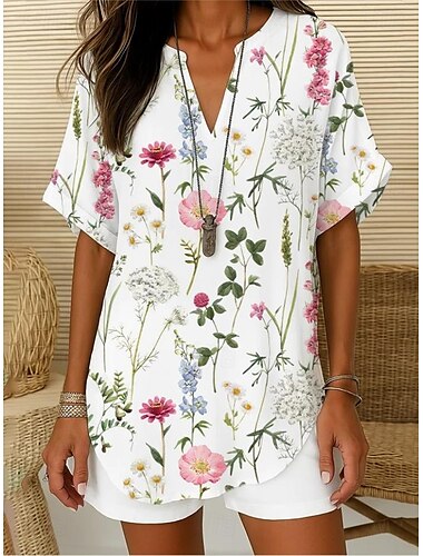  Damen Boho-Hemd Blumen Grafik Tiermotiv Elegant Bohemien Vintage Kurzarm V Ausschnitt Normale Oberteile Täglich Ferien Ausgehen Weiß Rosa Blau Sommer Frühling