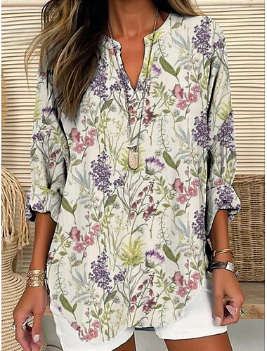 Damen Hemd Blumen Stilvoll Modern Langarm V Ausschnitt Normale Oberteile Täglich Ferien Knöpfe Druck Rosa Purpur Grün Beige Sommer