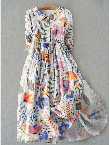  Damen Midikleid Shiftkleid Lässig Täglich Normale Passform Blumen Grafik Halbarm Hemdkragen Gelb Rosa Rosa Blau Sommer Frühling