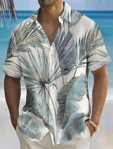  Herren Palmblatt Tropische Pflanzen Sommer Hawaiihemd Knopfhemd Alohahemd Kurzarm Hawaiianisch Ferien Strandbekleidung Sommer Frühling Umlegekragen 3D-Druck Hemden mit Kragen Eine Tasche vorne