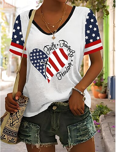  Onafhankelijkheidsdag Vrouwen Patriottische Vierde van Juli T Shirt Hart Grafisch Amerikaanse Vlag Vintage Stijlvol Klassiek Korte Mouwen V Hals Reguliere Tops Dagelijks Weekend Print Zwart Wit Rood