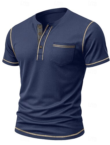  Pánské tričko henley ze směsi bavlny, krátký rukáv, jednobarevné, vintage, ležérní, kontrastní prošívání, henley, outdoor, ležérní, jaro, podzim, jaro &podzimní meruňkově černé šedé tričko henley