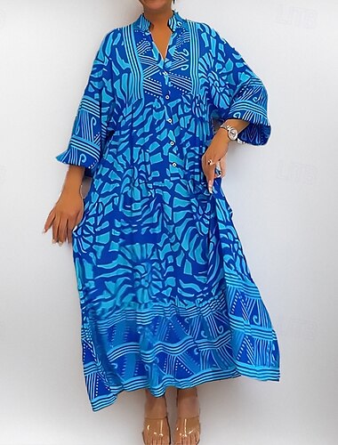  Damen Minikleid Shiftkleid A Linie Kleid Urlaub Lässig Boho Outdoor Ausgehen Strand Lässiger Schnitt Blumen Grafik Geometrisch Langarm V Ausschnitt Rosa Blau Purpur Braun Sommer Frühling