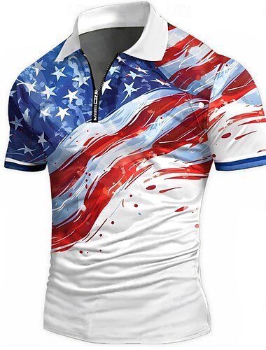  Amerikanischer Unabhängigkeitstag Herren Amerikanische Flagge Poloshirts mit Reißverschluss Kurzarm Polo-Shirts Hemden mit Kragen Lässig Athleisure Alltagskleidung 3D-Druck Sommer Weiß Blau